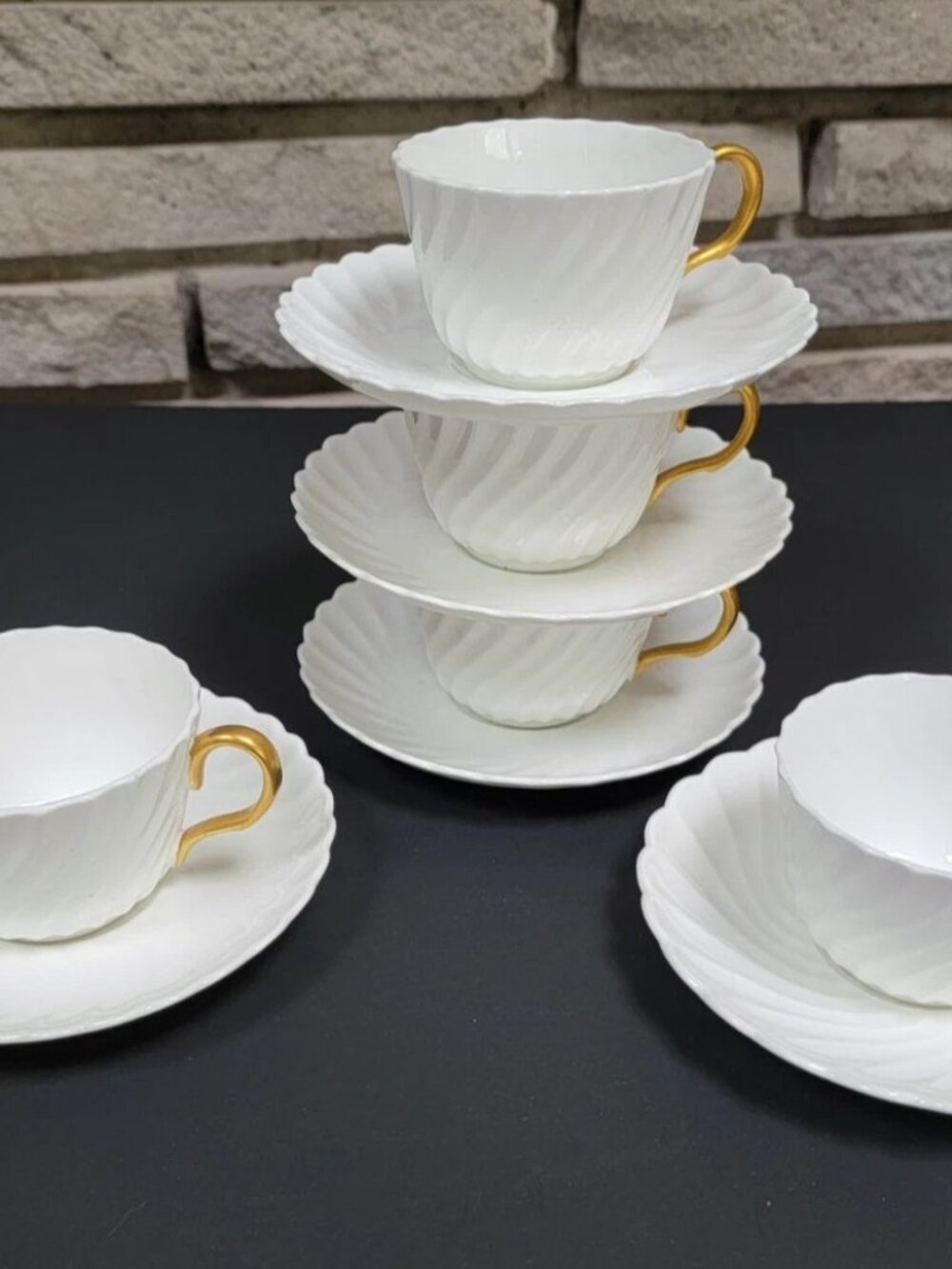 FIVE Aynsley demitasse teacups & saucers Gilman Collamore Fifth Avenue NY